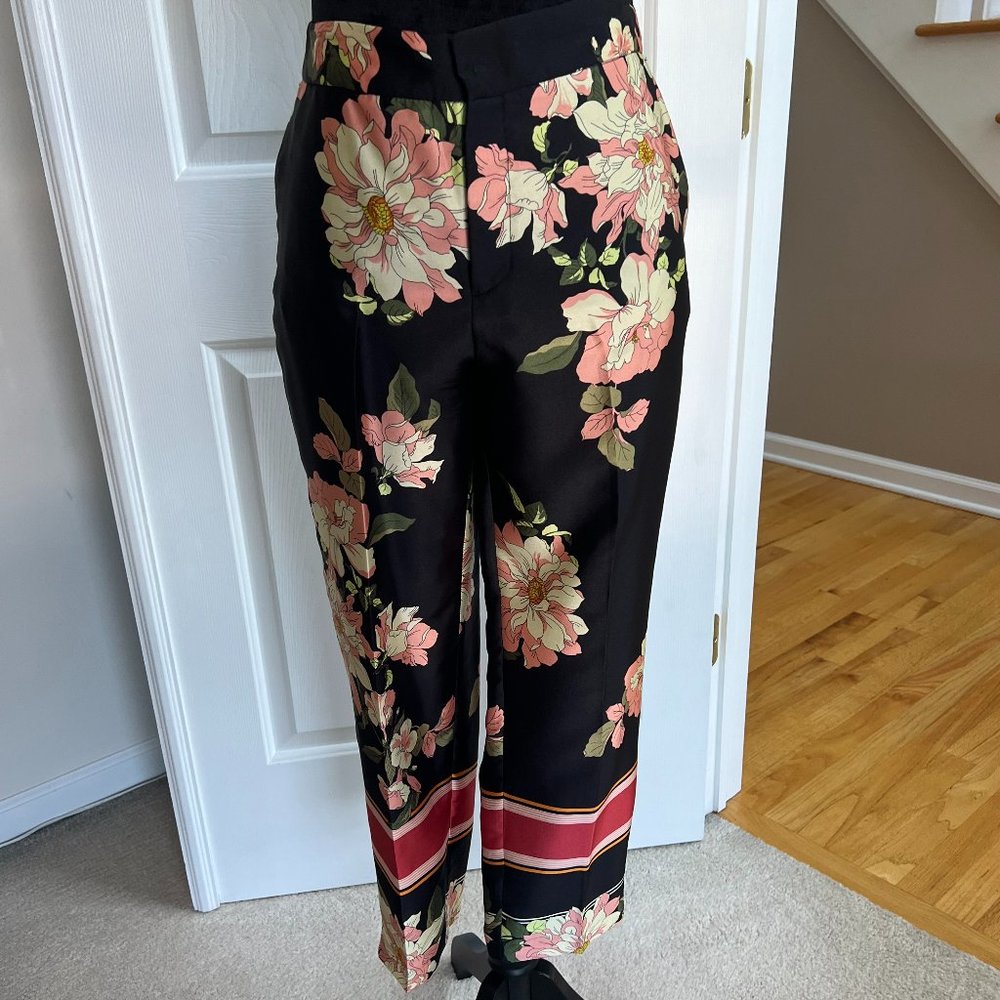 ZARA Satin Floral and Stripe Cropped Pants